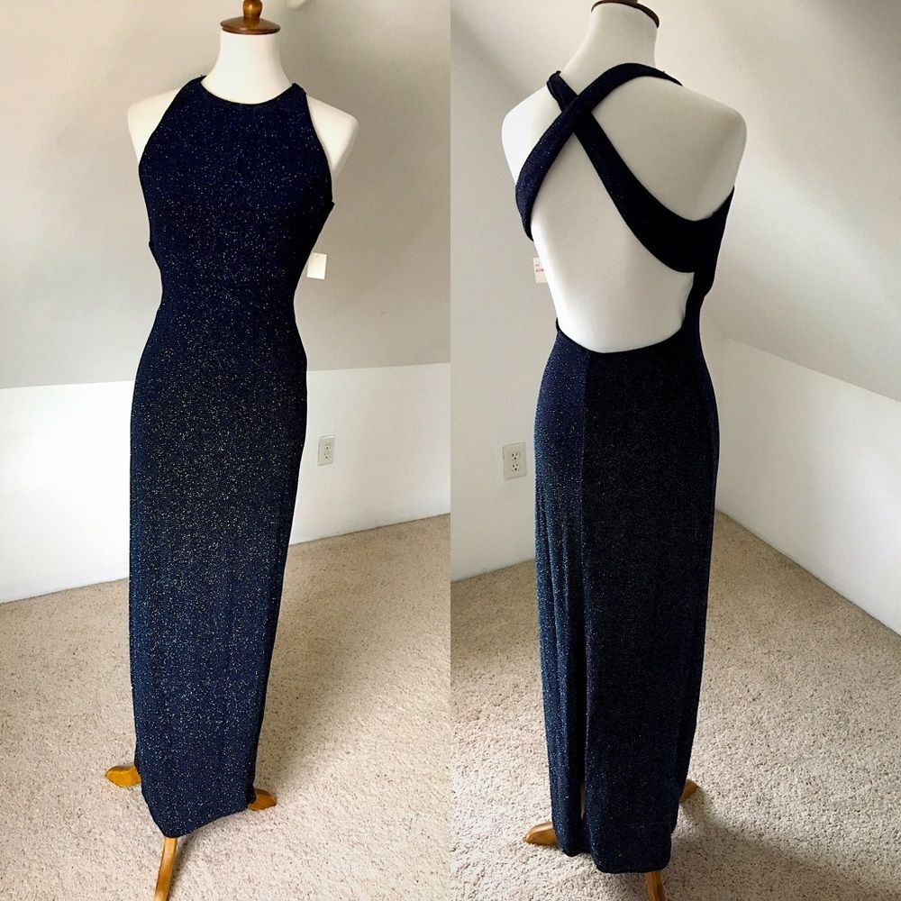 Vintage Y2K Navy Metallic Shimmer Open Back Maxi Dress NWT Size M